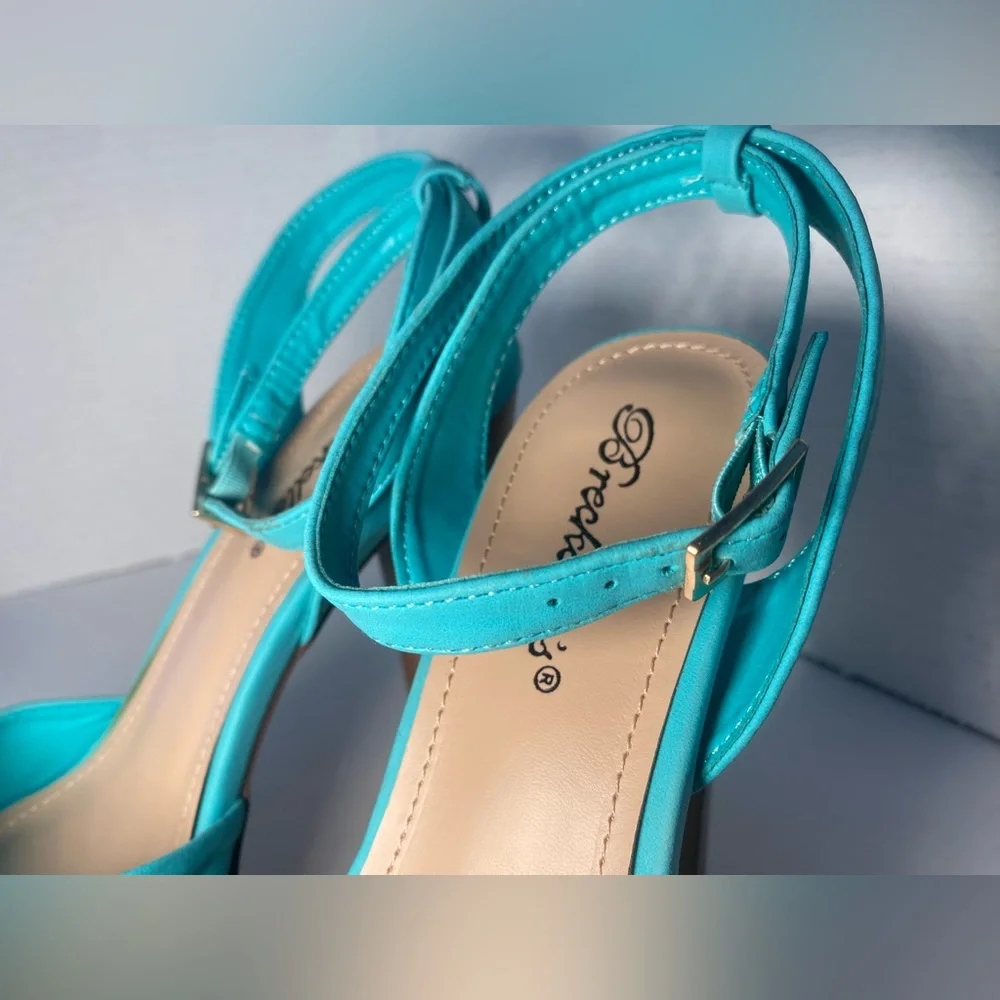 Breckelles peep toe chunky platform sandals heels aqua blue 6.5 - Picture 6 of 9